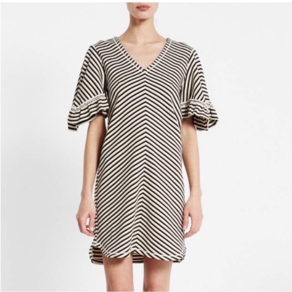 See By Chloe Striped Knit Ruffle Sleeve Shift Dress V Neck Mini Size Medium NWT